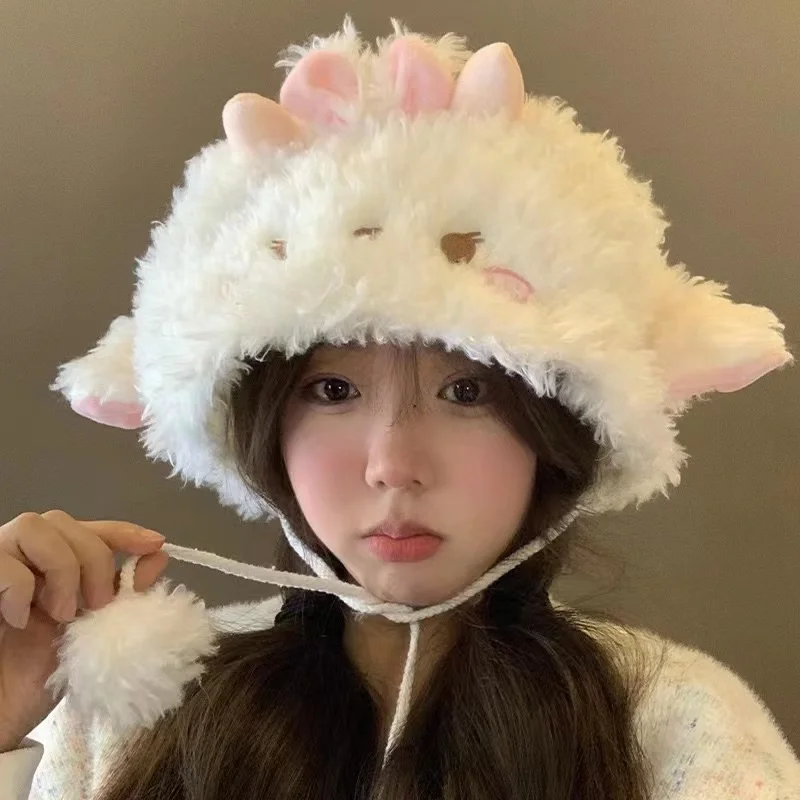 Lolita Fluffy Costume Hats Christmas Gift Warm Soft Lovely Lamb Cosplay Bucket Hat Outdoors  Winter Cartoon Women Cute Sheep Ear