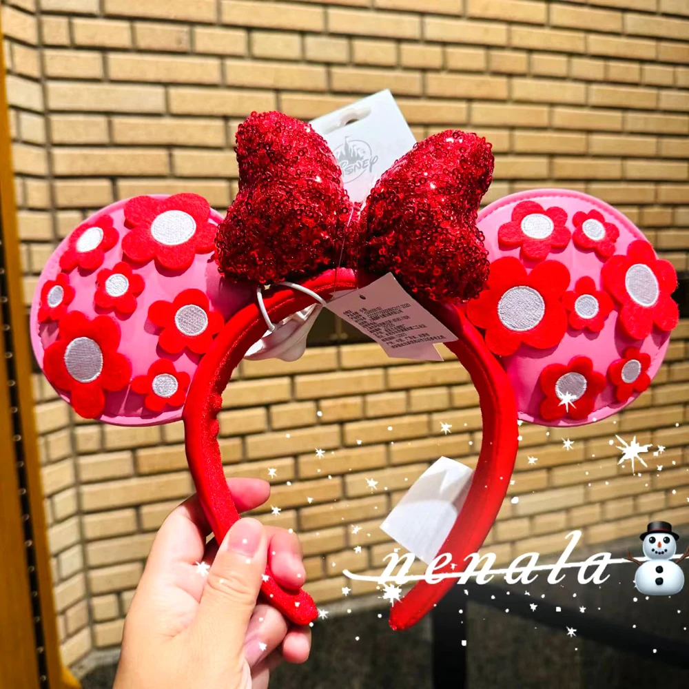 2025 Original Disney Minnie Mouse Headband Cartoon Red Flower Bow PU Leather Shanghai Disneyland For Adult Children Headwear