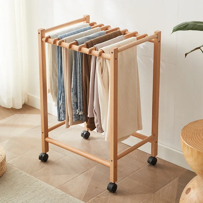 

Movable Wooden Pants Rack, Heavy-Duty Clothing Organizer, Smooth Finish Hanger with No-Marks Clips, Stable Rotating Wheels