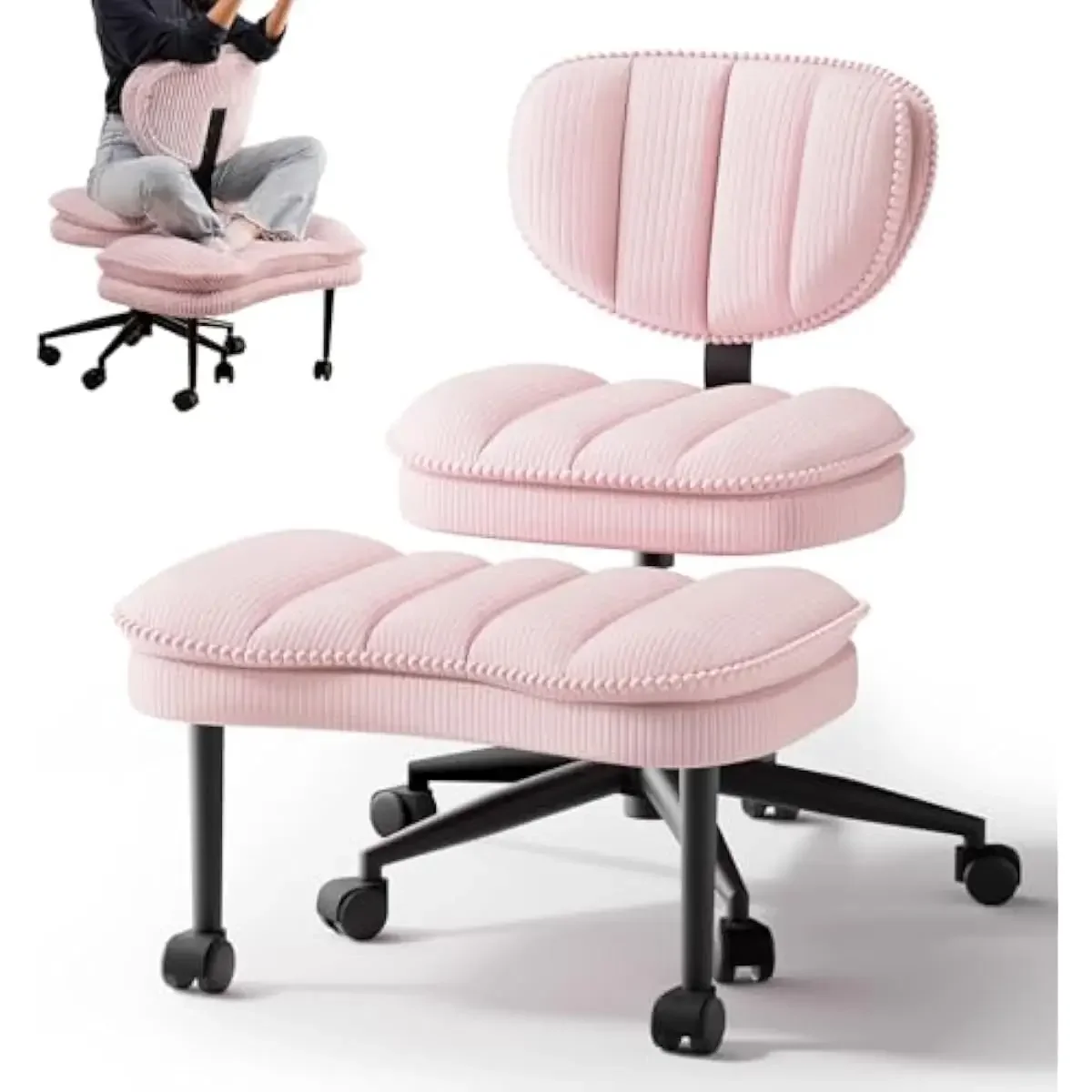 Ergonomic Cross-Legged Desk Seat with Adjustable Height and Rolling Casters • Wide Cushioned Design for Kneeling or Meditation •
