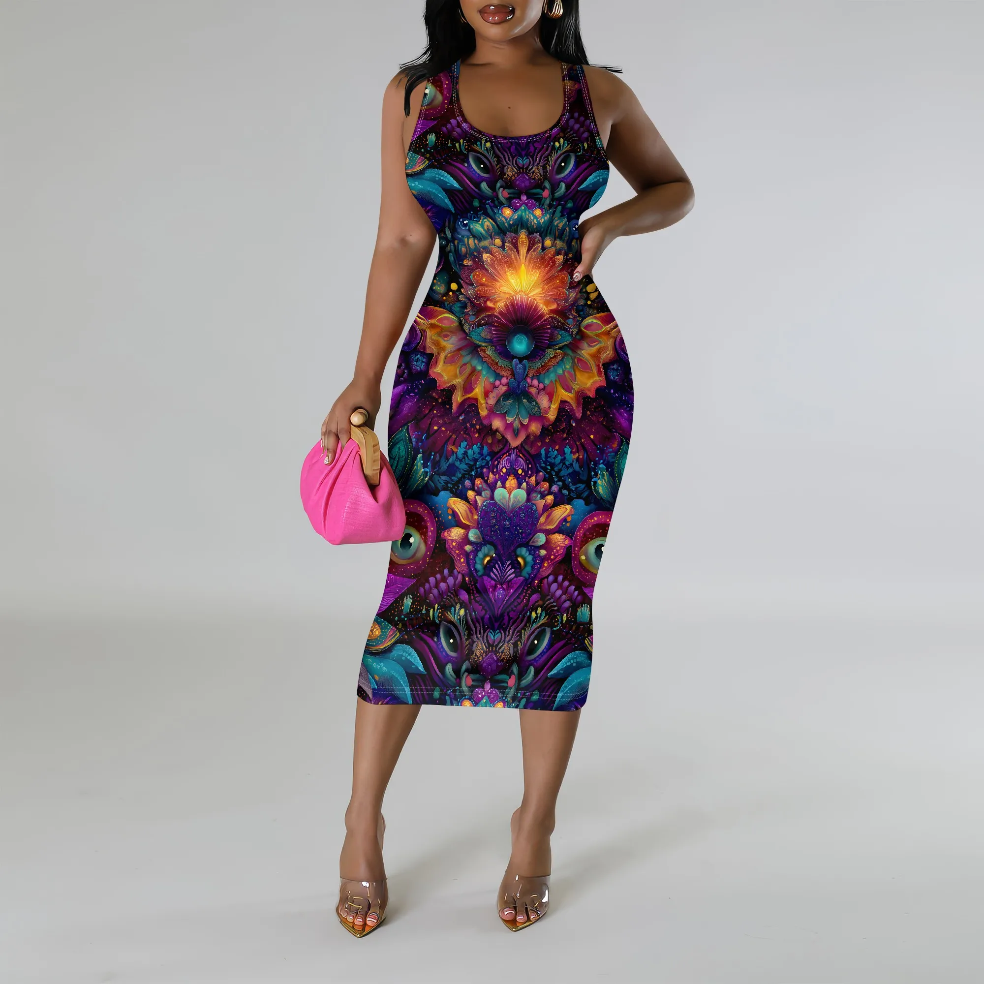Psychedelic Sleeveless Dress, Mandala Print Bodycon Midi Dress, Vibrant Floral Pattern Summer Wear for Women, S-2XL