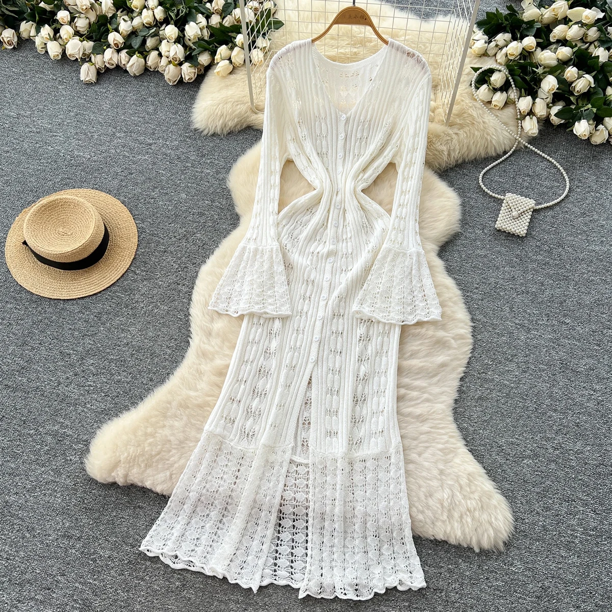 Cárdigan de manga acampanada calado de punto de estilo largo, cubierta de protección solar informal de moda, estilo ajustado para todas las estaciones