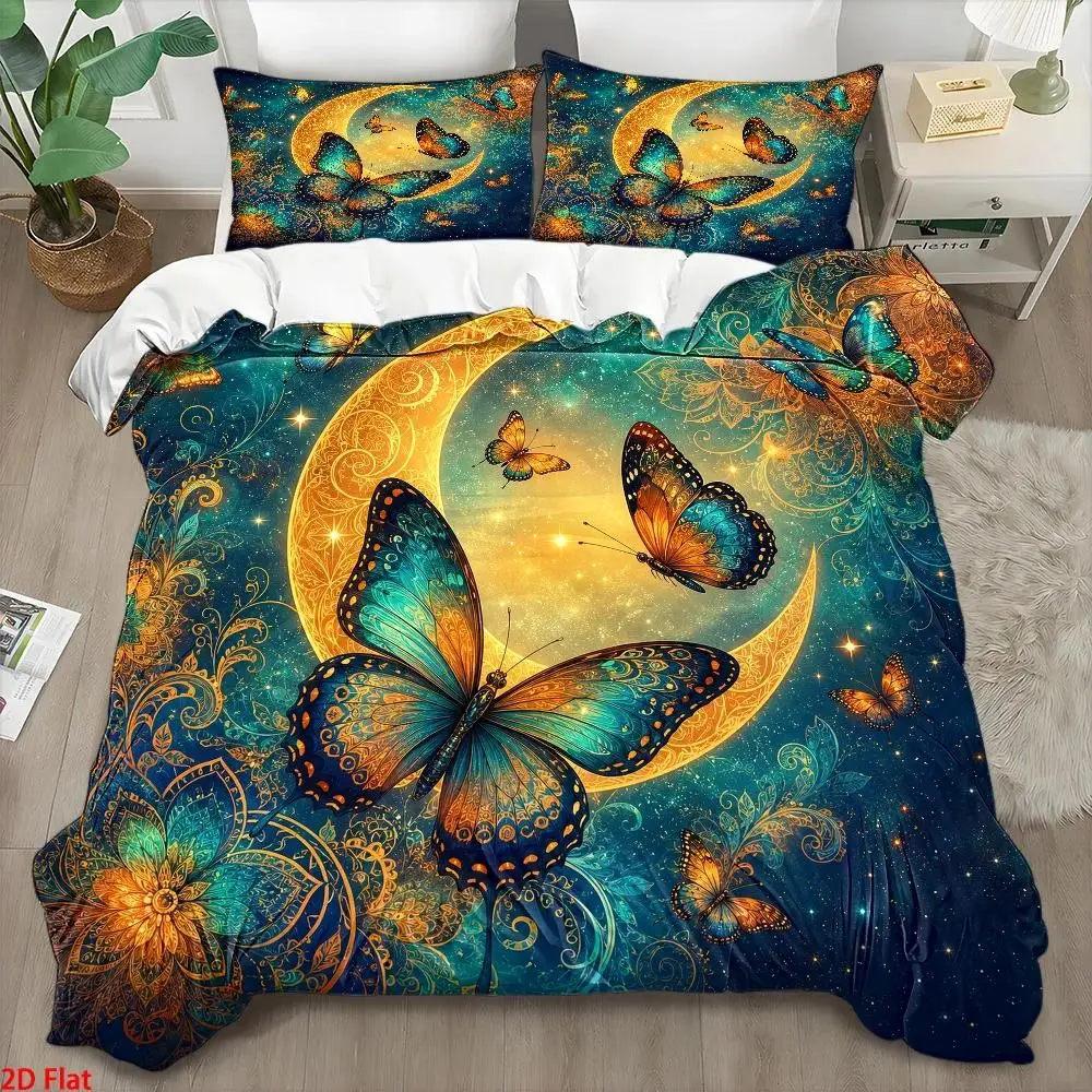 3Pc Light Luxury Style Starry Sky Butterfly Print Quilt Cover Set, Three-Piece Bedding Set (1*Quilt Cover + 2*Pillowcases), Skin-Friendly Breathable Polyester Woven Bedding, Invisible Zipper Easy to Clean Durable Double Bed Bedding, All-Season Wrinkle-Resistant Machine Washable Bed Cover Set, Cozy Home Bedroom Decor Quilted Duvet Cover, Suitable for Home Master Bedroom Guest Room Student Dormitory, Nordic Style Large Bed Cover Three-Piece Set, Soft and Comfortable 3-Piece Bedding Set