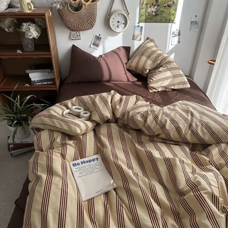 Bedding Set Ins Ambiance Blue Coffee Grid Mixed With Washed Cotton Minimalist Four Piece Set Fitted Sheets Duvet Cover