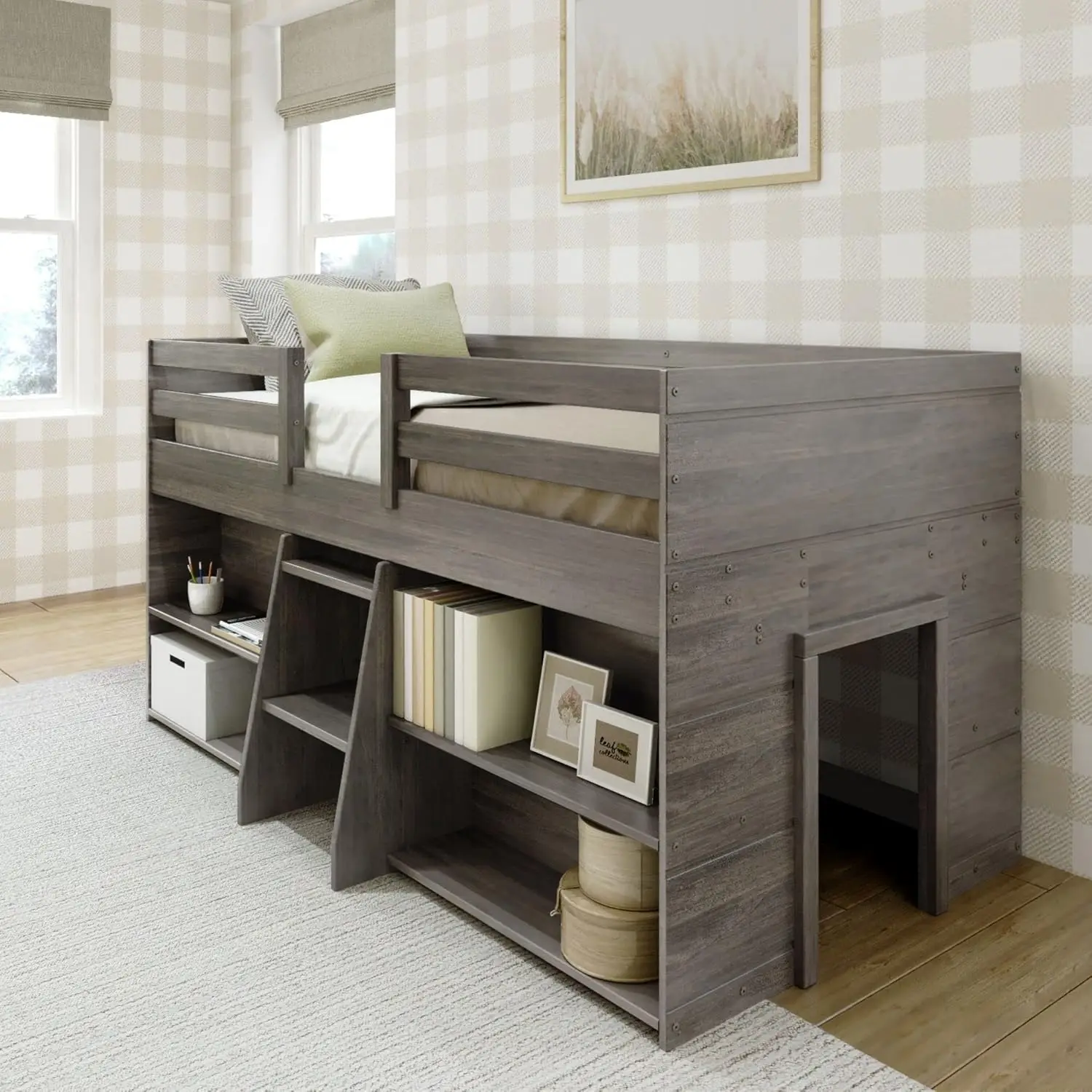 Modern Farmhouse Low Loft Bed, Twin Bed Frame For Kids With 2 Bookcases, Driftwood