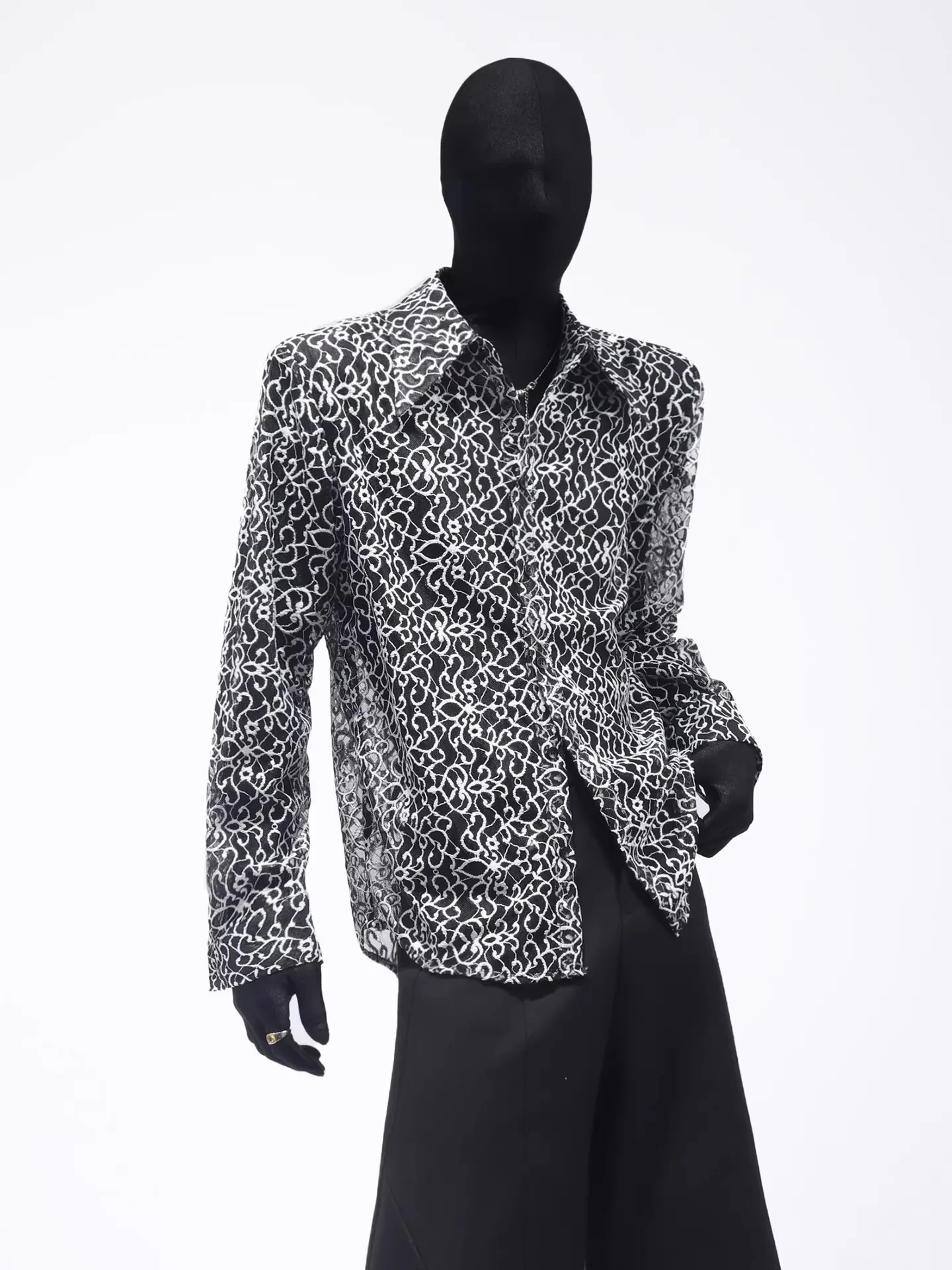 Elegant Men's Lace Mesh Shirt French Spring Autumn Casual Fashion Street Style Hollowed Out Male Floral Long Sleeved Shirts