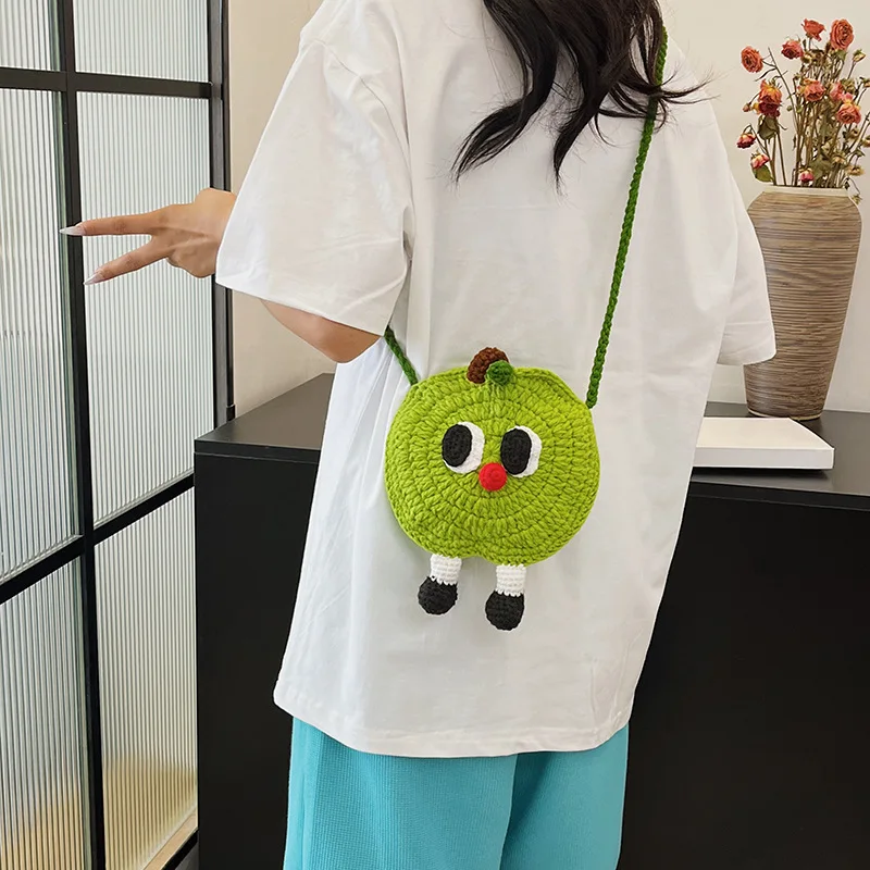 Handmade Woven Bag for Women Woolen Shoulder Crossbody Bag Cute Knitted Cartoon Young Girl Crochet Fruit Apple Mobile Phone Bag
