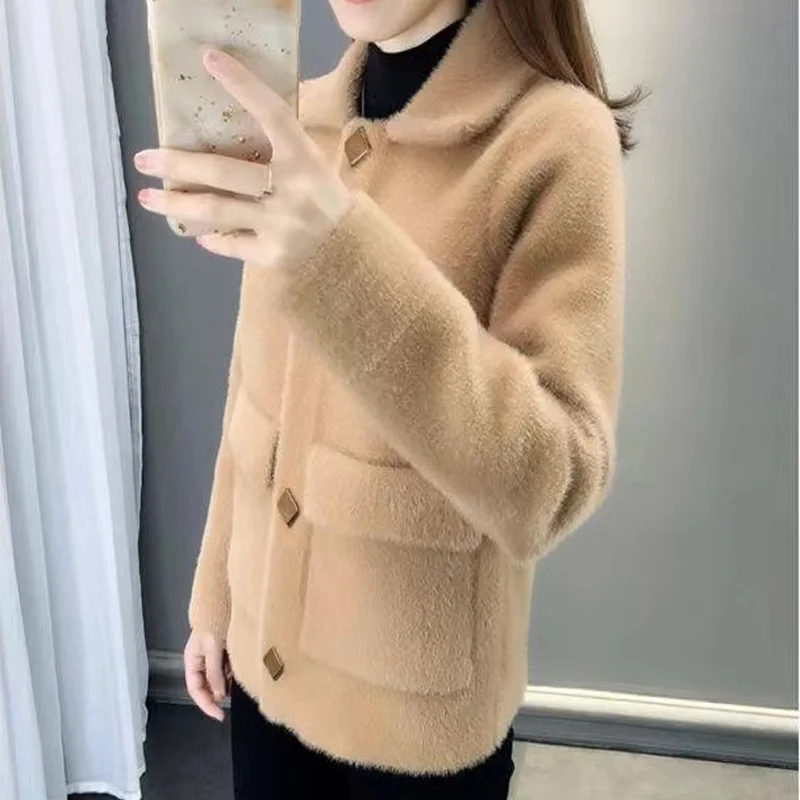 Coat Women\'s 2023 Winter New Korean Version Imitation Mink Velvet Suit Collar Long Sleeve Pocket Loose Fairy Cardigan Jacket