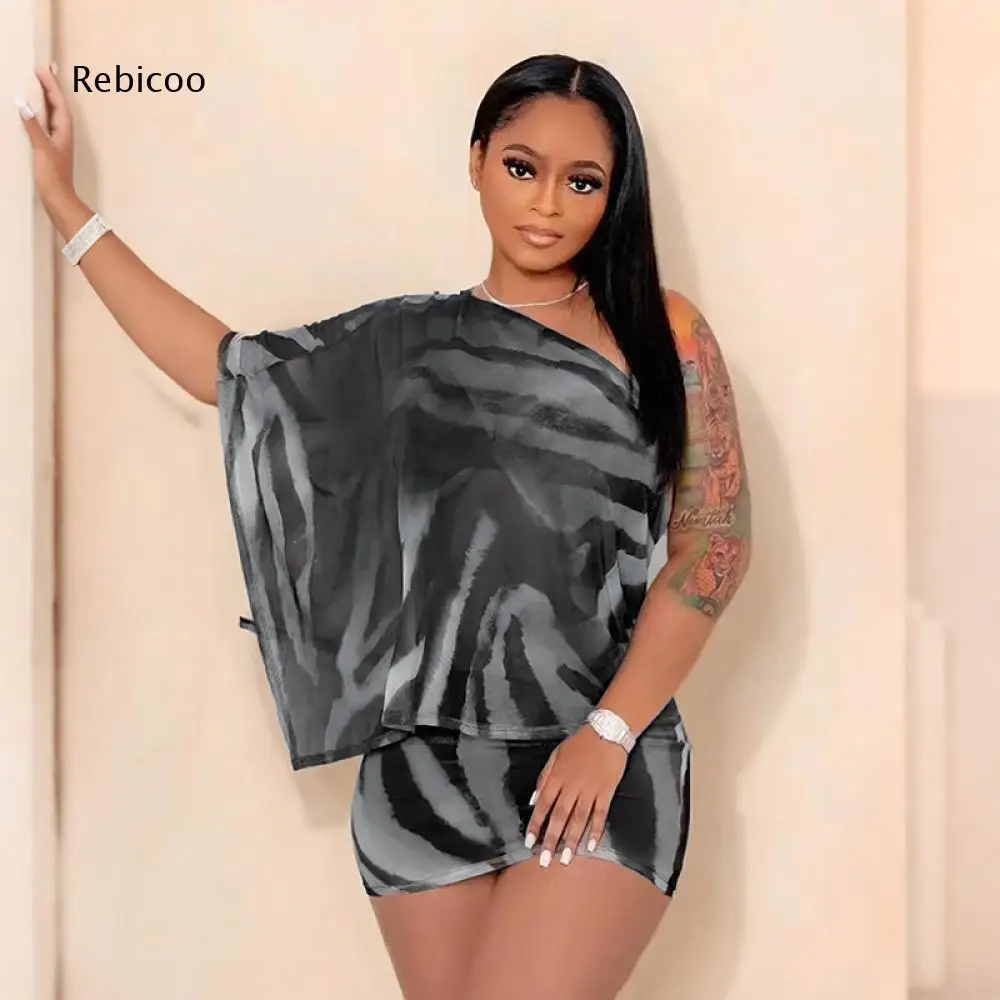 Ladies Printed Two Piece Suit One Shoulder Batwing Sleeve Crop Top And Fitted Mini Skirt For Theme Party And Night Time Matching
