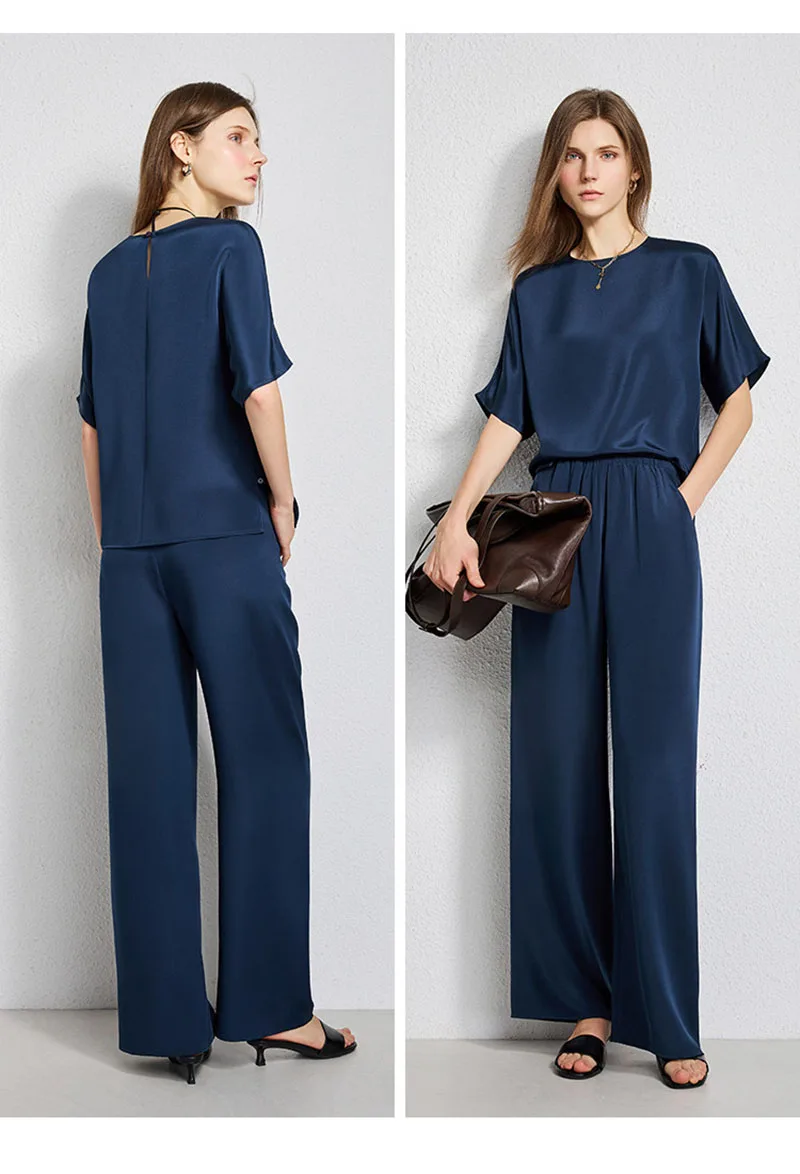 Natural Silk Women's Suit Short-Sleeved T-shirt and Long Pants Set Simple and Elegant Casual Luxury Clothing Loose Comfortable