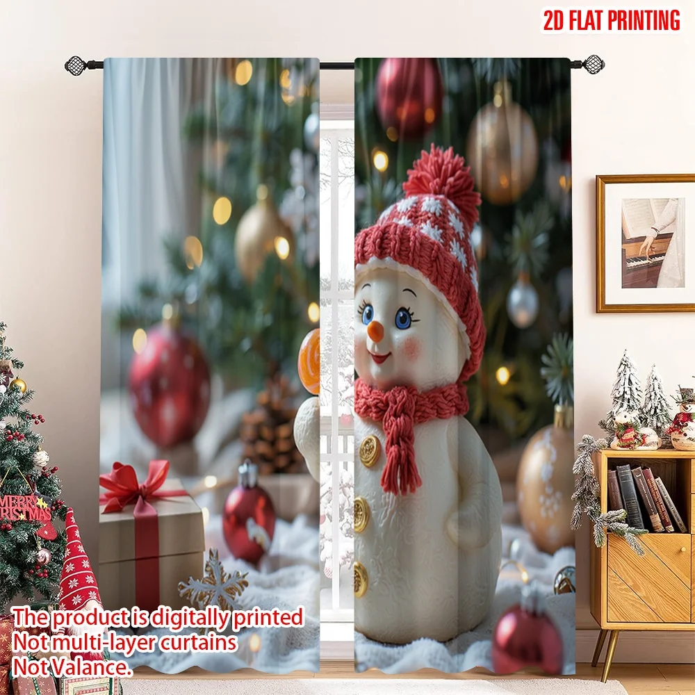 

2pcs 2D flat printing Merry Christmas Curtain Cute snowman holding lollipop Fabric Without Electricity Festive Curtains Perfect