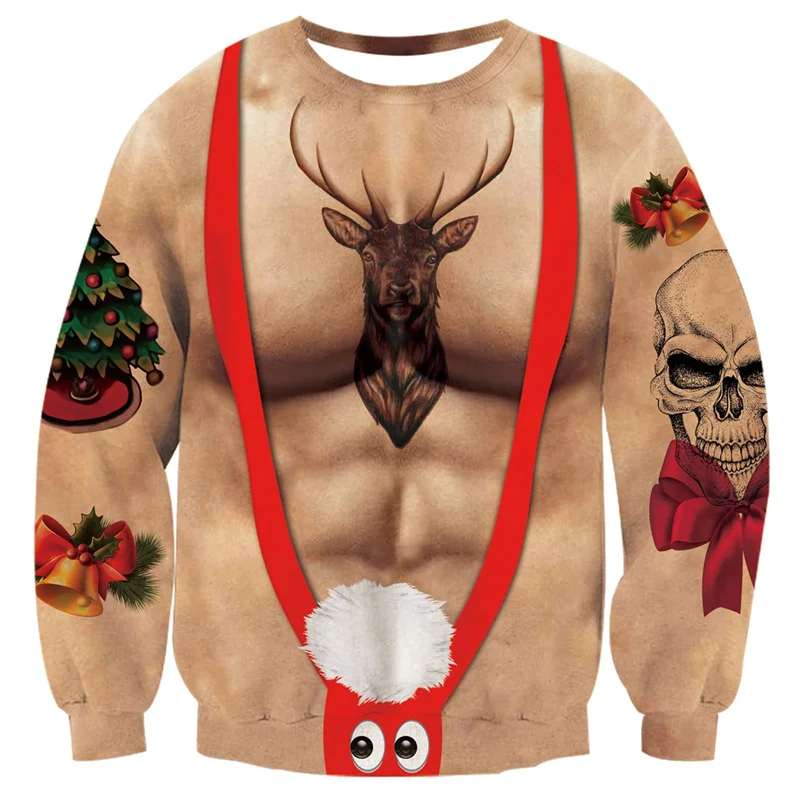 New In Christmas Muscle Chest Sweatshirt Men Women Ugly Sweater Party Funny Graphic Sweatshirts Sexy Boobs Pullover Hoodies Tops