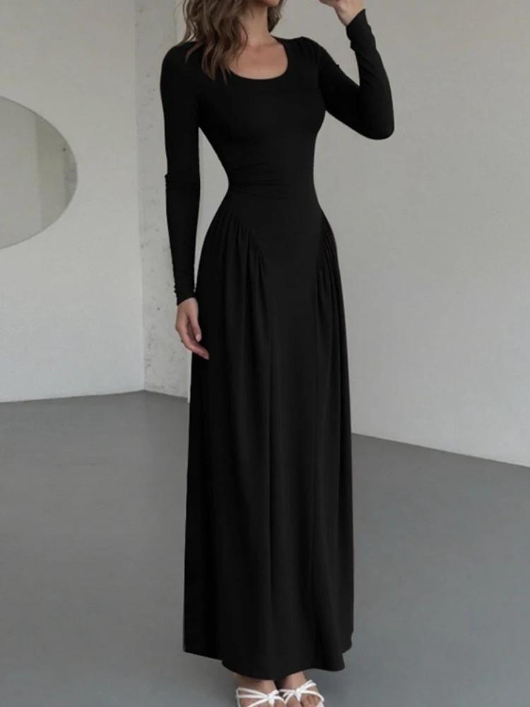 

2025 New Evening Female Fashion Maxi Dress Elegant U-Neck Long Dress Solid Long Sleeves Flared-Waist Slimming Party Dress