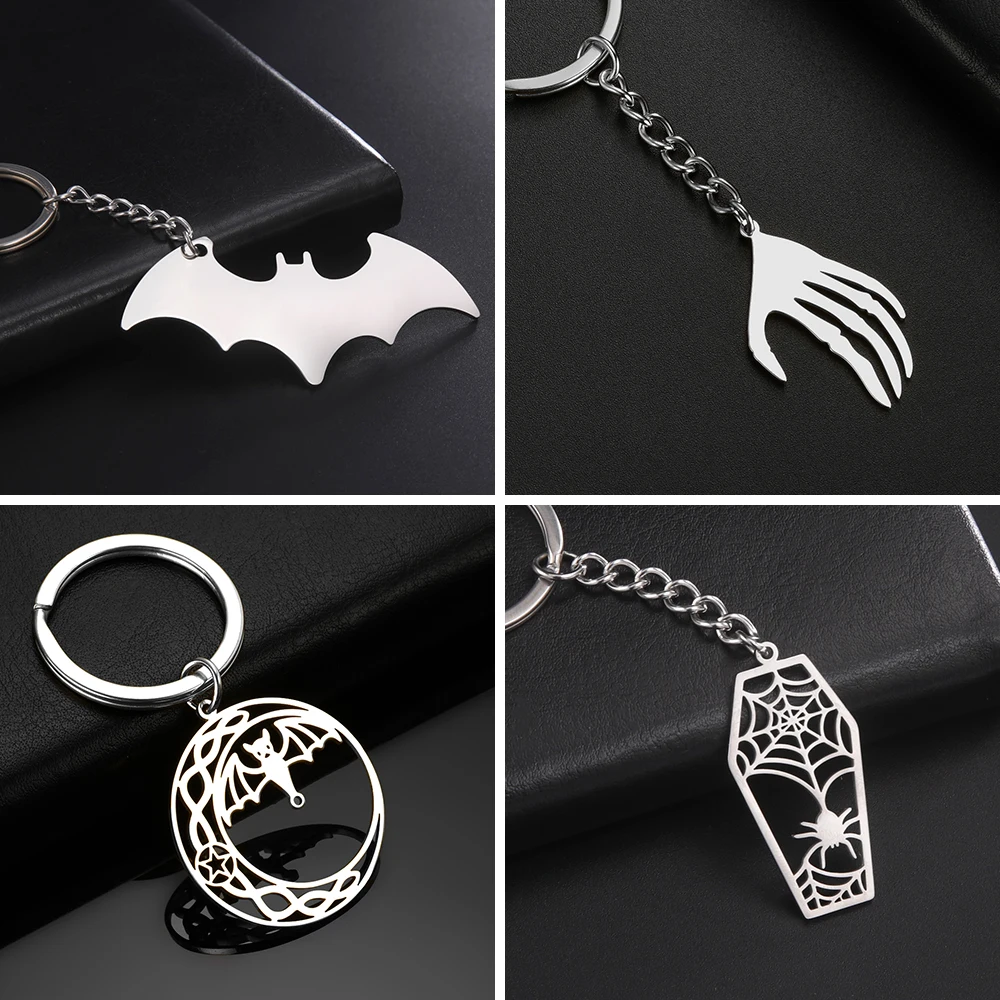 Halloween Bat Ghost Hand Coffin Keychain Stainless Steel Keyring Bag Car Key Accessories Hip Hop Punk Festival Jewelry