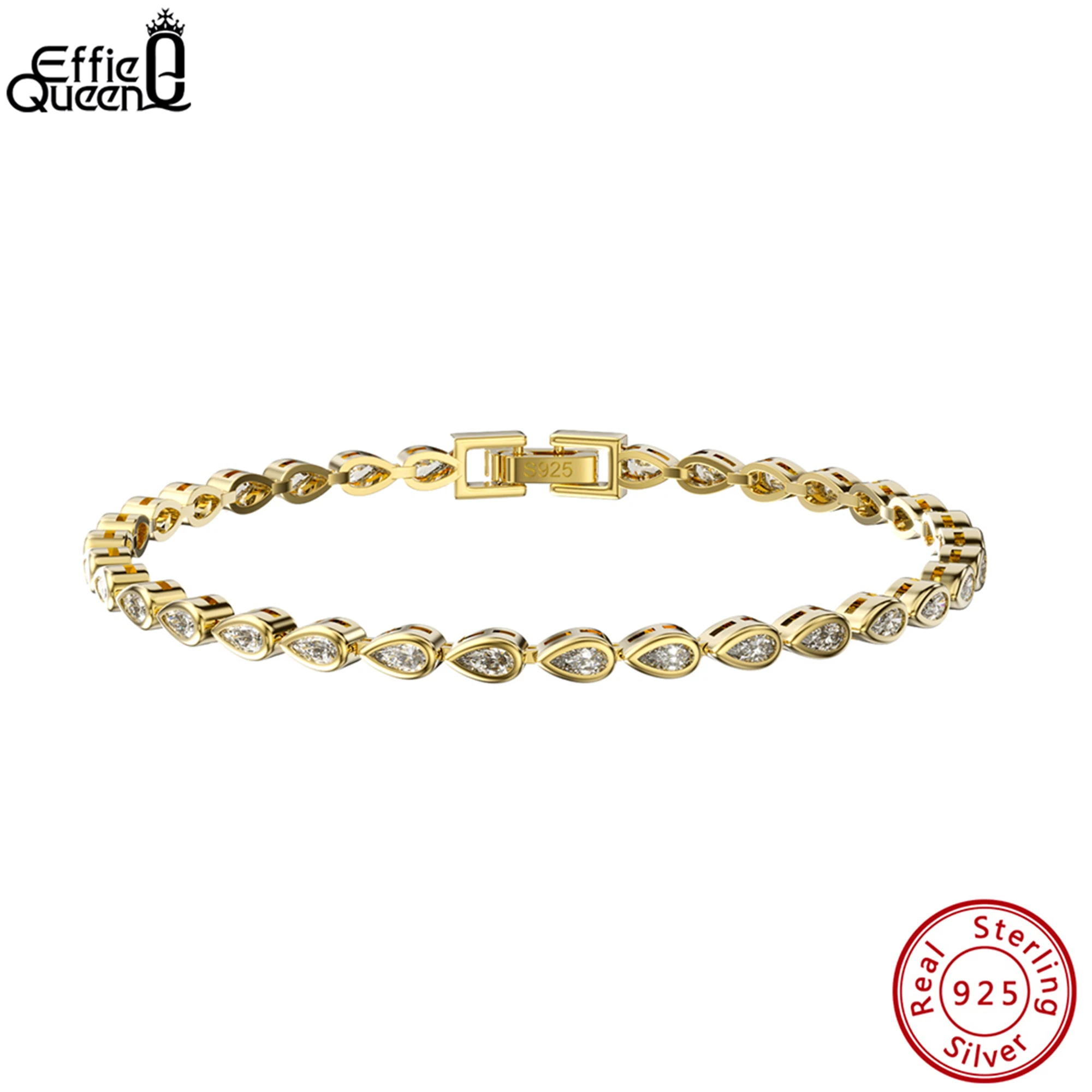 

925 Sterling Silver Tennis Chain Bracelet, Gold Plated Water Drop Design, Sparkling CZ Jewelry, Multiple Sizes Available SB154