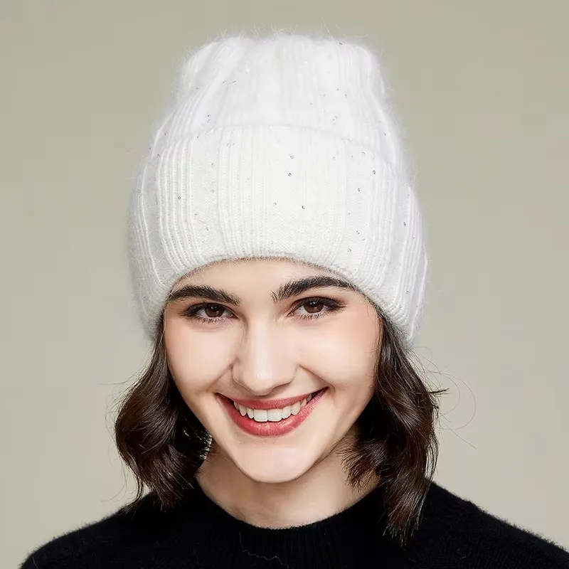 VISROVER 10 Color Rabbit Cashmere unisex Woman Winter Hat With Lurex Autumn Beanies Cashmere Woman Warm Rabbit Fur Skullies Gift