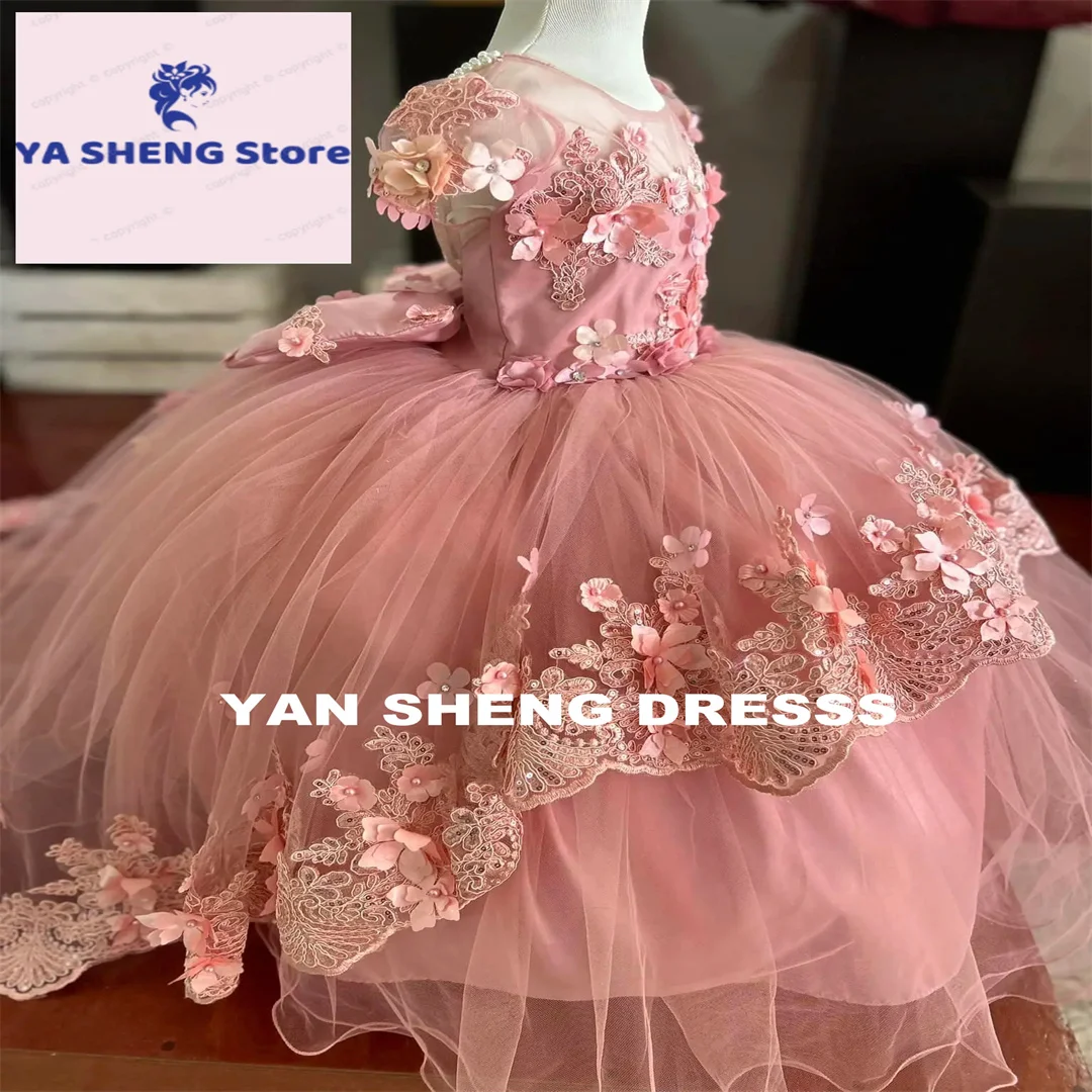 Customized  Flower Girl Dress For Wedding Puffy Tulle Floor Length Birthday Party Dress Pageant Toddler Baby Prom Gowns