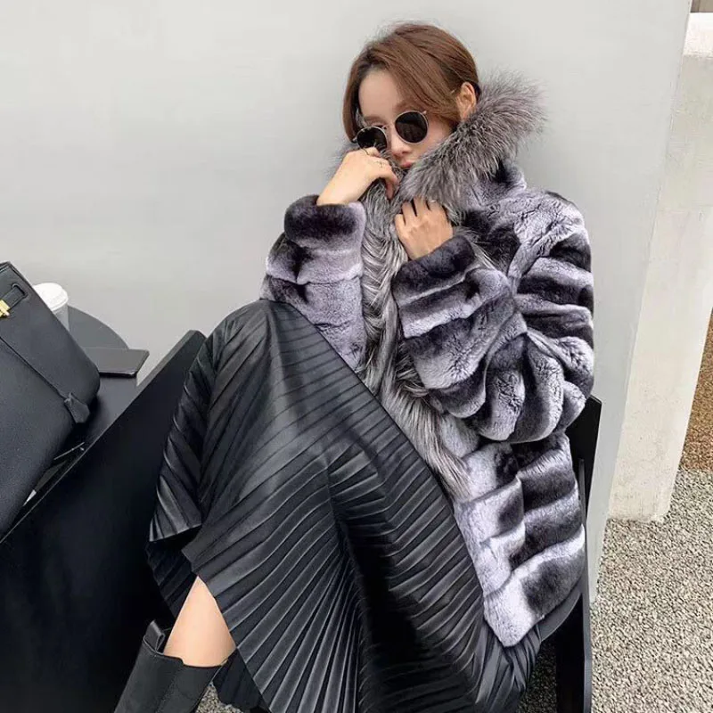 Autumn Winter Rex Rabbit Fur Jacket Women Overcoat Loose Luxury Silver Fox Fur Thick Warm Parker Coat Fur Collar Mao Mao Clothes