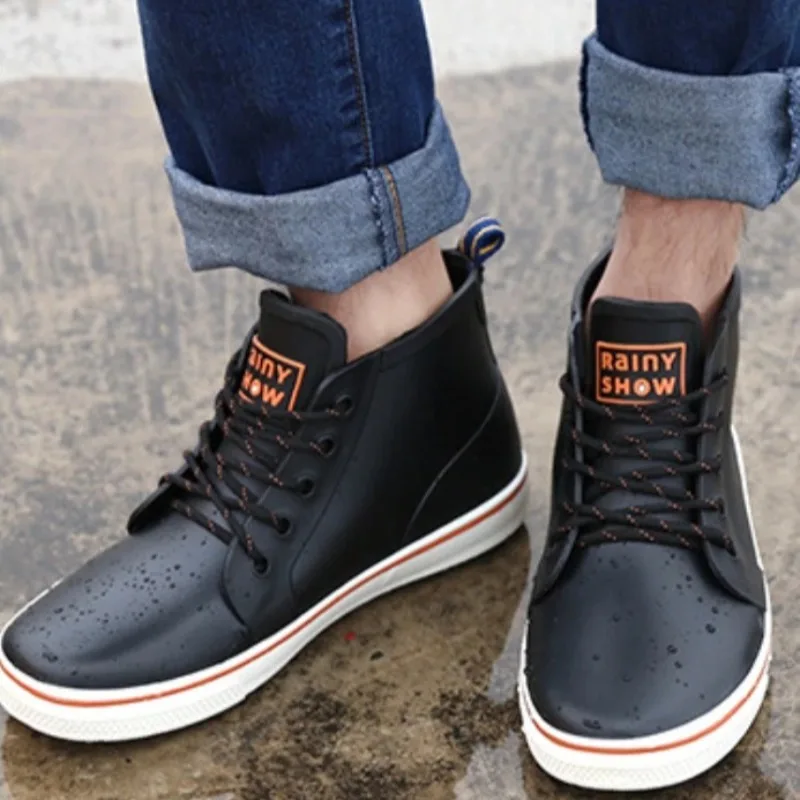 Men's Rain Shoes Fashion Outdoors Rain Boots High Quality Lace Fishing Shoes for Man Comfort Rain Proof Shoe Soft Sole Work Shoe
