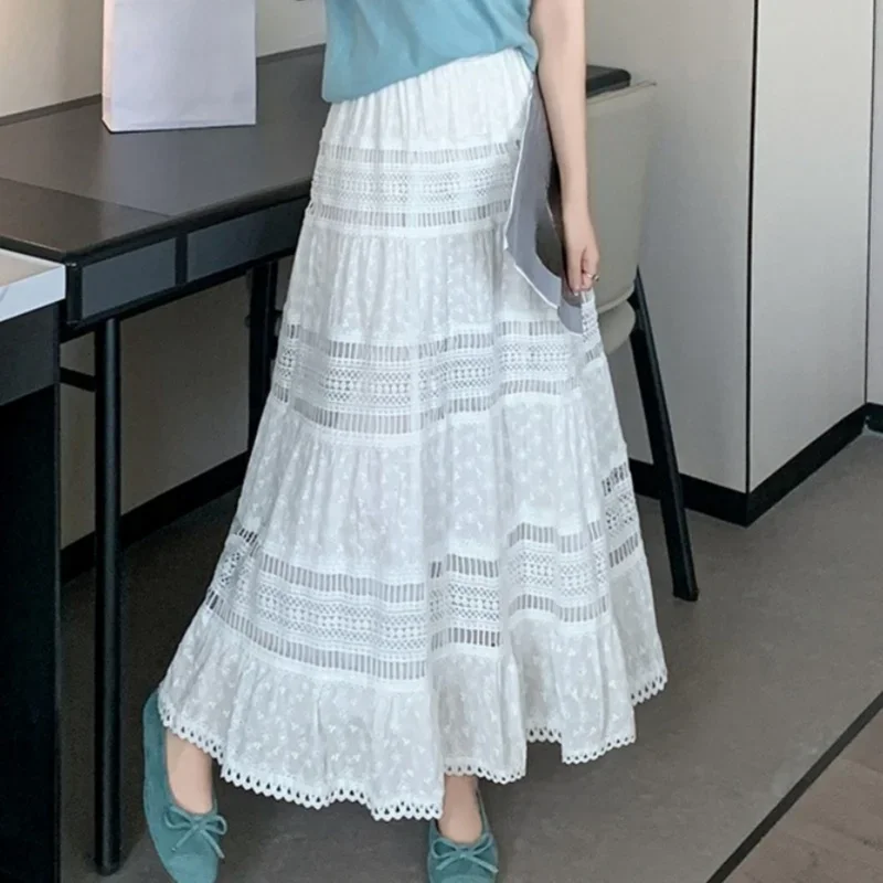 

Seoulish Spring Summer Elegant Lace Patchwork Women's Long Skirts 2025 New High Waist White Casual Loose Umbrella Skirts Female