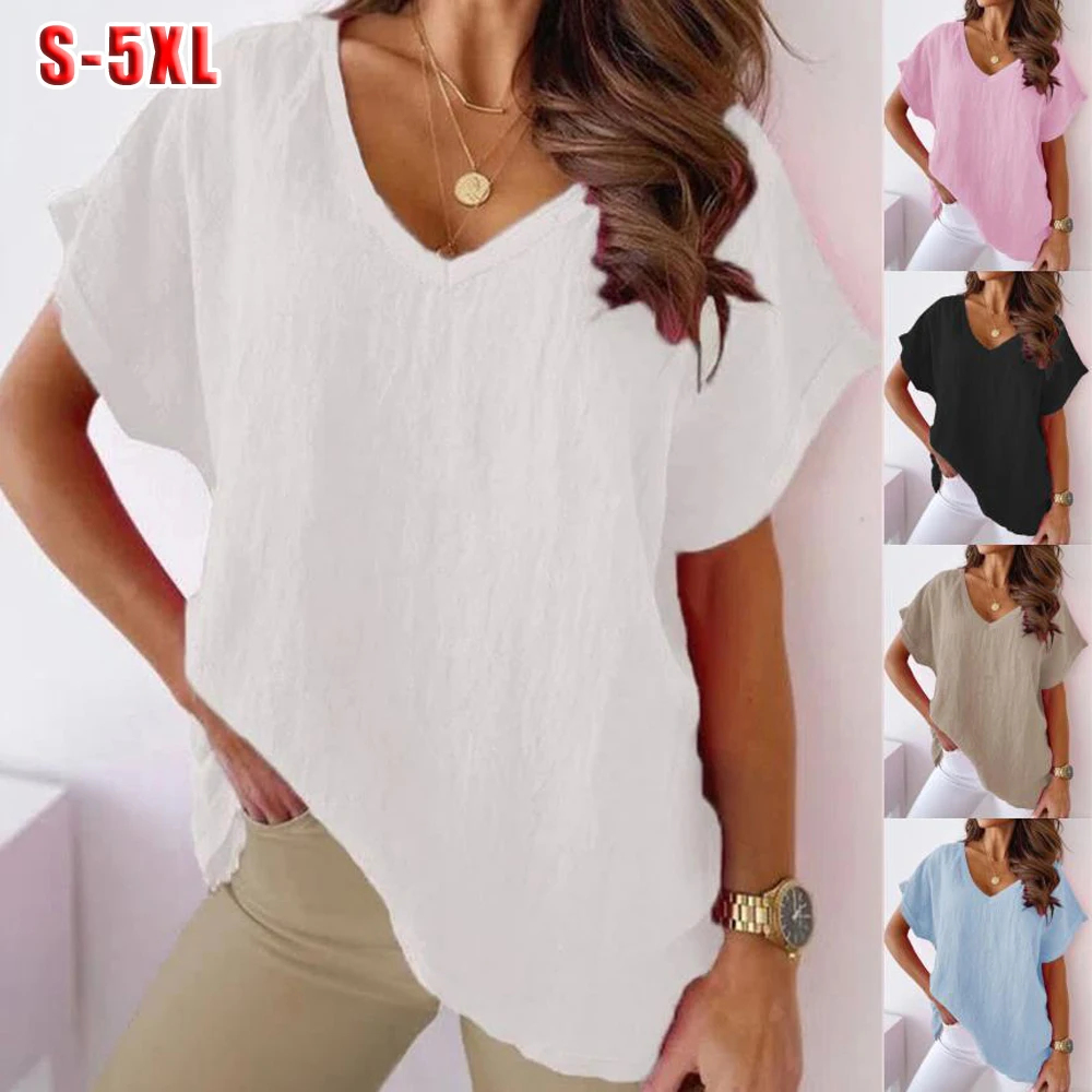 S-5XL Size Cotton T Shirt Khaki Short Sleeve Tops Summer Solid Color Loose V-Neck Shirts White Simple T-shirt Top for women new