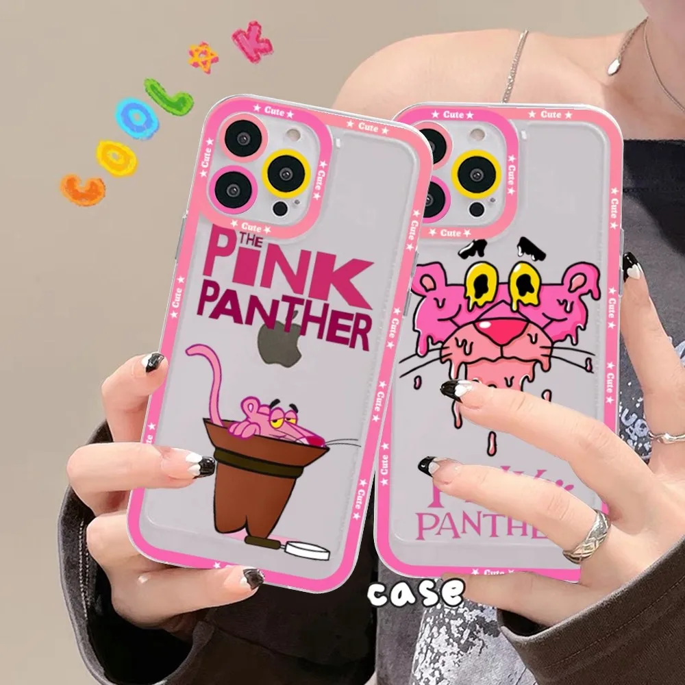 Cartoon Pink P-Panther Phone Case For iPhone 15 14 13 12 11 Pro Max Mini X Xs XR Transparent Case