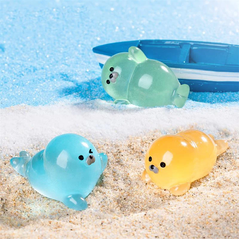 Mini Cartoon Cute Colorful Seal Luminous Toy Animal Beach Ocean Micro Landscape Ornaments Car Home Decoration DIY Accessory Gift