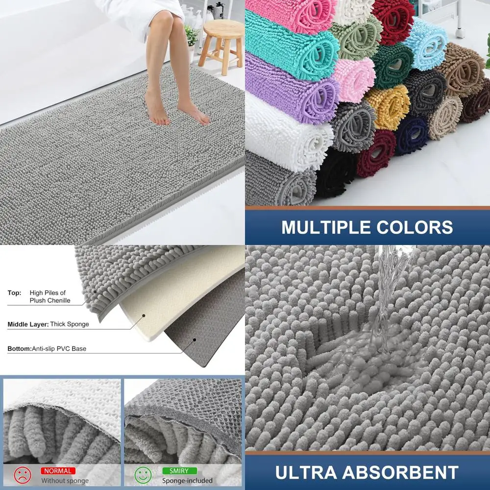 59x35 Soft & Absorbent Chenille Bath Rug, Machine Washable, Non-Slip Shaggy Mat for Shower, Tub, and Floor, Light Grey Home Deco