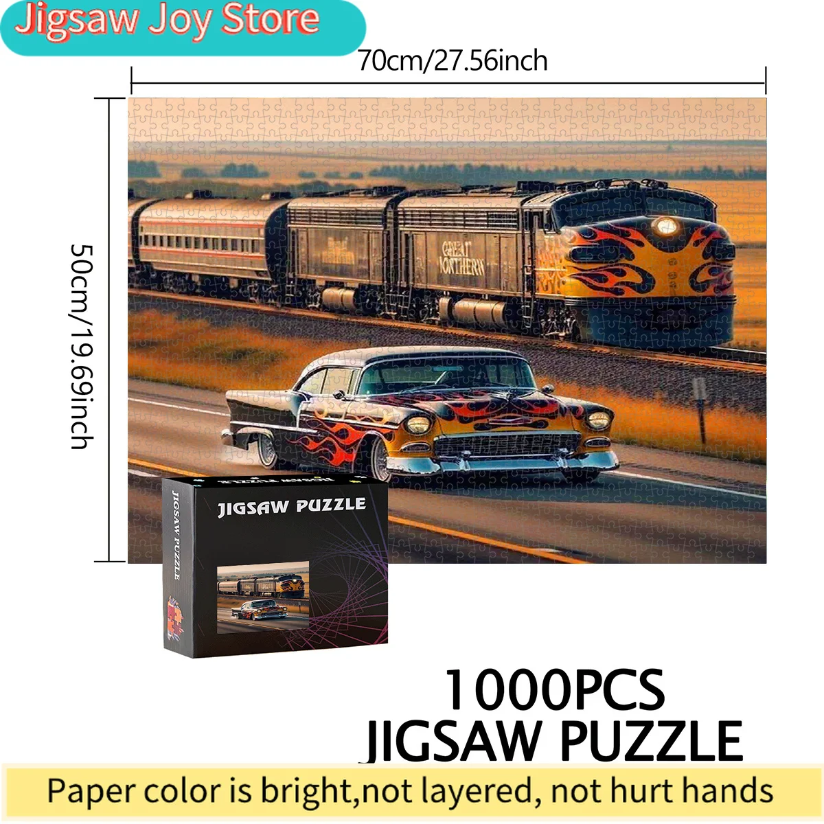 

500/1000 элементов, бумажный пазл, головоломка, пазл для взрослых, большой пазл с изображением винтажного автомобиля и поезда, гонящихся по огненному полюму