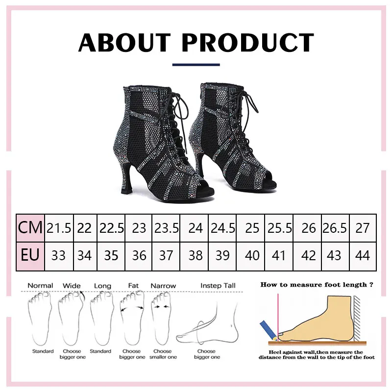 SWDZM Women's black Latin Dance Shoes Girls Sparkling Professional Ballroom Dance Salsa Short Boots Party Dance Shoes Rhinestone