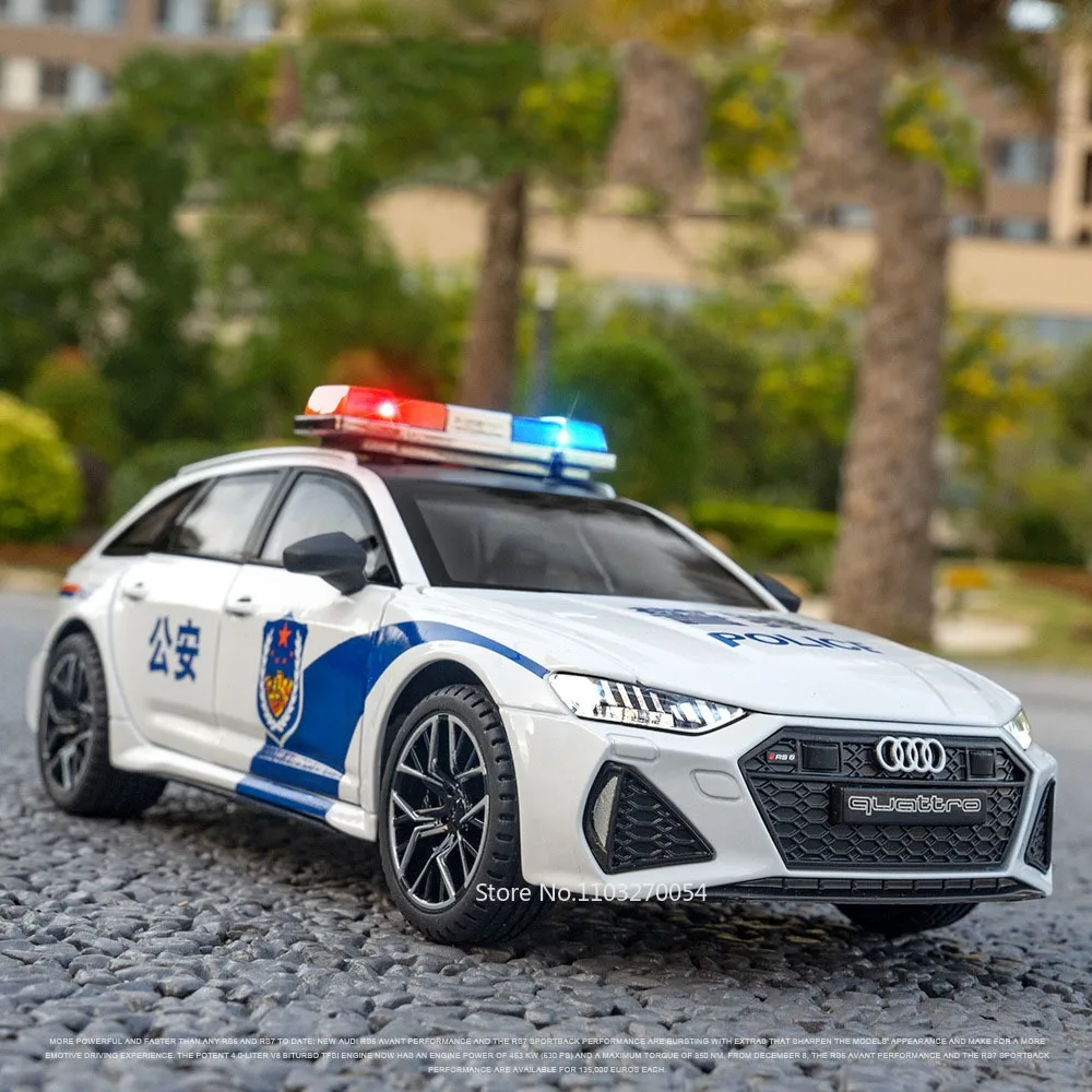 Modèle de voiture de police RS7 en alliage moulé sous pression pour enfants, 6 portes ouvertes, corps en métal, caoutchouc, son et lumière, nervure arrière, véhicule jouet, cadeau, 1/24