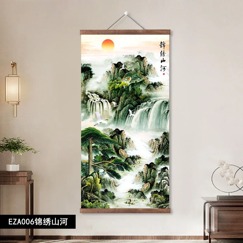 Chinese Landscape Scroll Painting Collection;Rising Sun;Purple Qi Coming East;Flowing Water Brings Wealth;Wall Art Decor