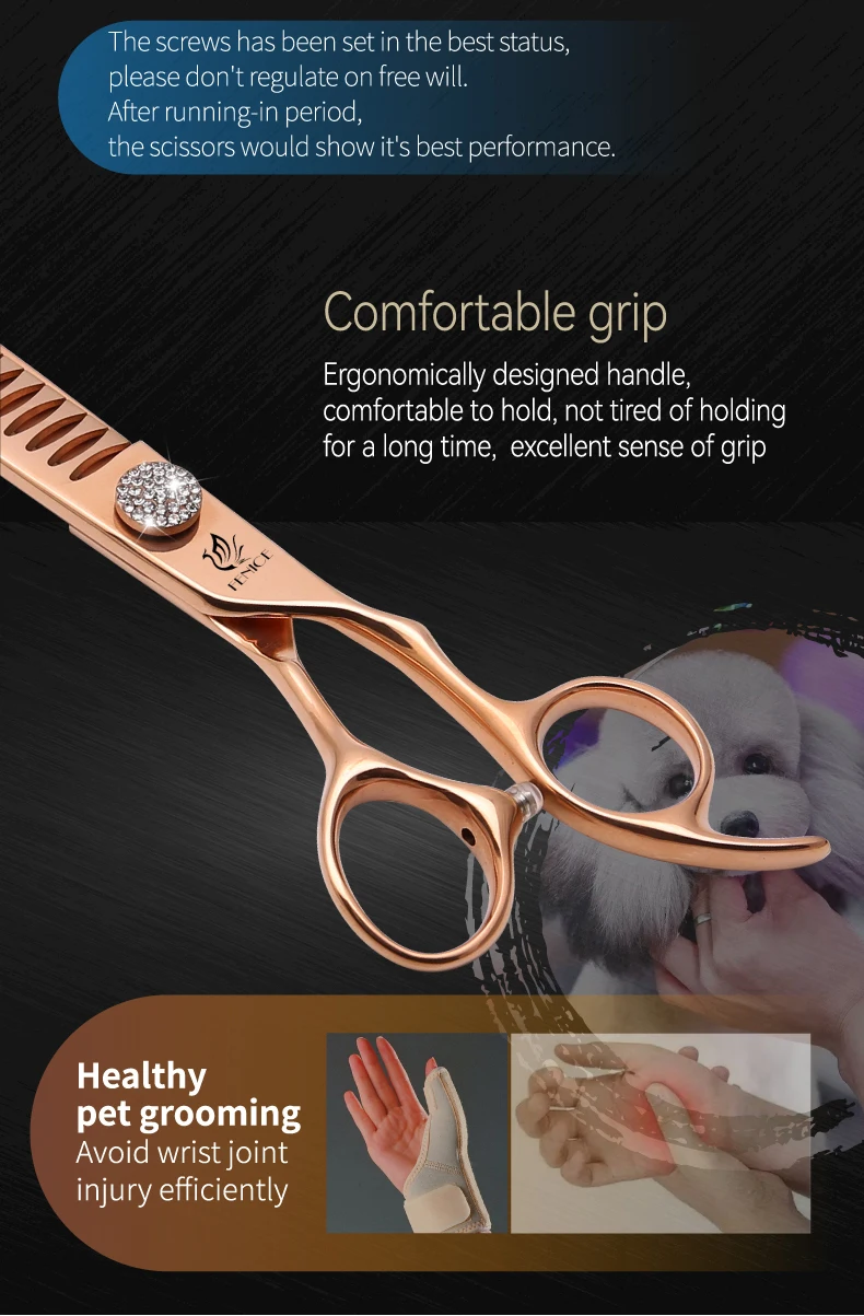 Fenice JP440C Tierpflege-Scherenset 7/7,5/8 Zoll Gerade Gebogene Effilierscheren für Hundefriseure – Detail 14