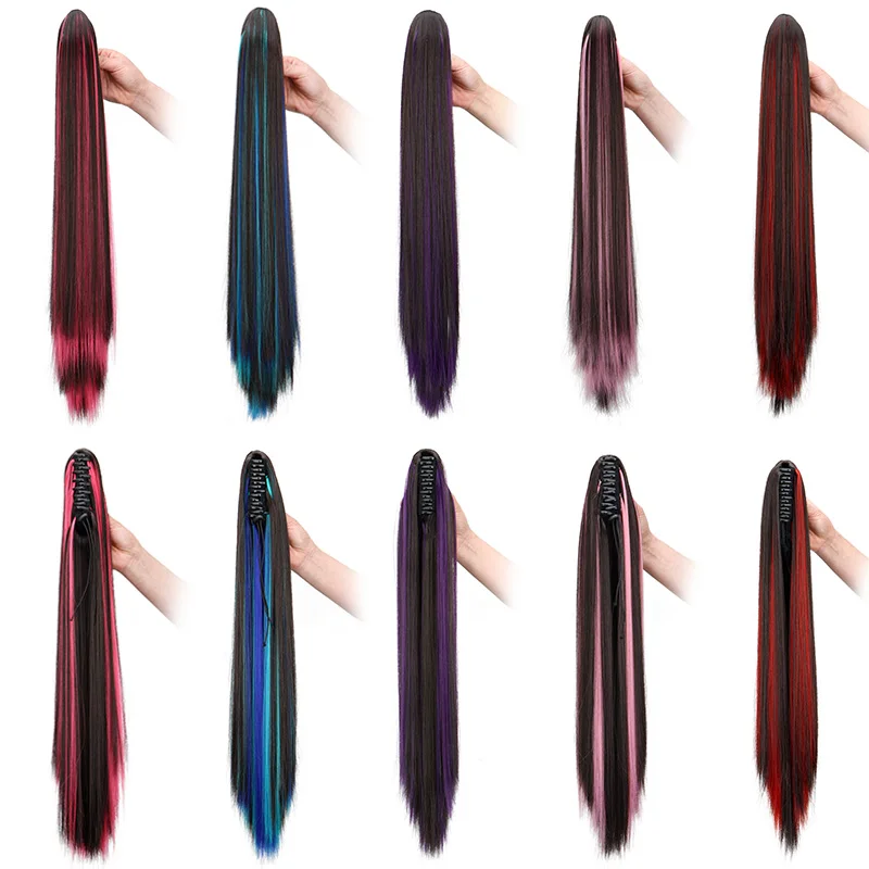 Synthetic 24Inch Claw Ponytail Hair Extension High Heat Resistant Mix Highlights Color Long Straight Clip-in Hairpiece for Women image 2