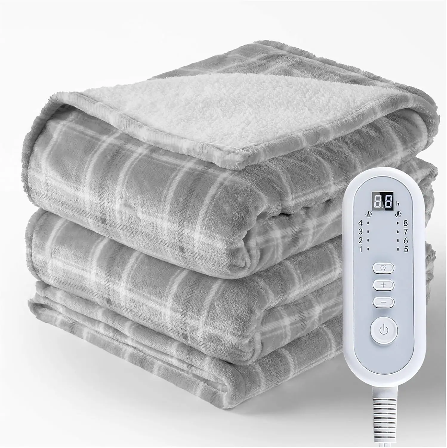 

Full Size Electric Heated Blanket, 72"x84" with 8 Heating Levels & Auto Shut-Off, Grey Plaid Flannel for Cozy Bed Warmth