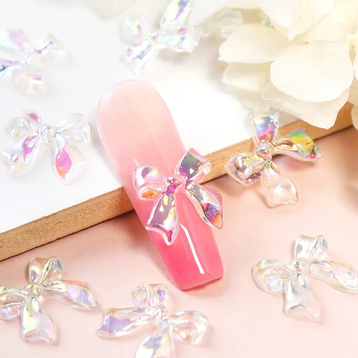 30Pcs Kawaii Aurora Ribbon Bow Nail Charms Rhinstones Decoration Shiny Transparent Bow Nails Accessories Manicure Supplies