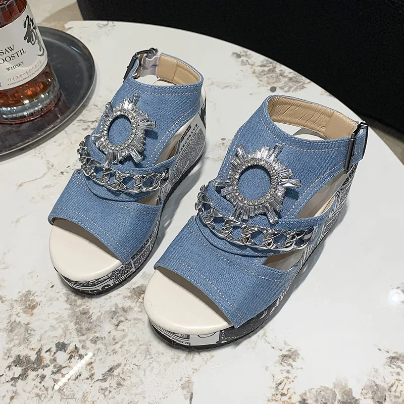 

Women Wedge Denim Super High Heels Sandals Women Wedges Platform Dress Slippers 2024 Summer Designer Rhinestone Pumps Zapatillas