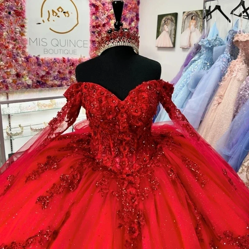 Angelsbridep Elegante Lange Mouwen Baljurk Quinceanera Jurken Glitter Kralen Rode Prom Feestjurk Vestidos De Festa