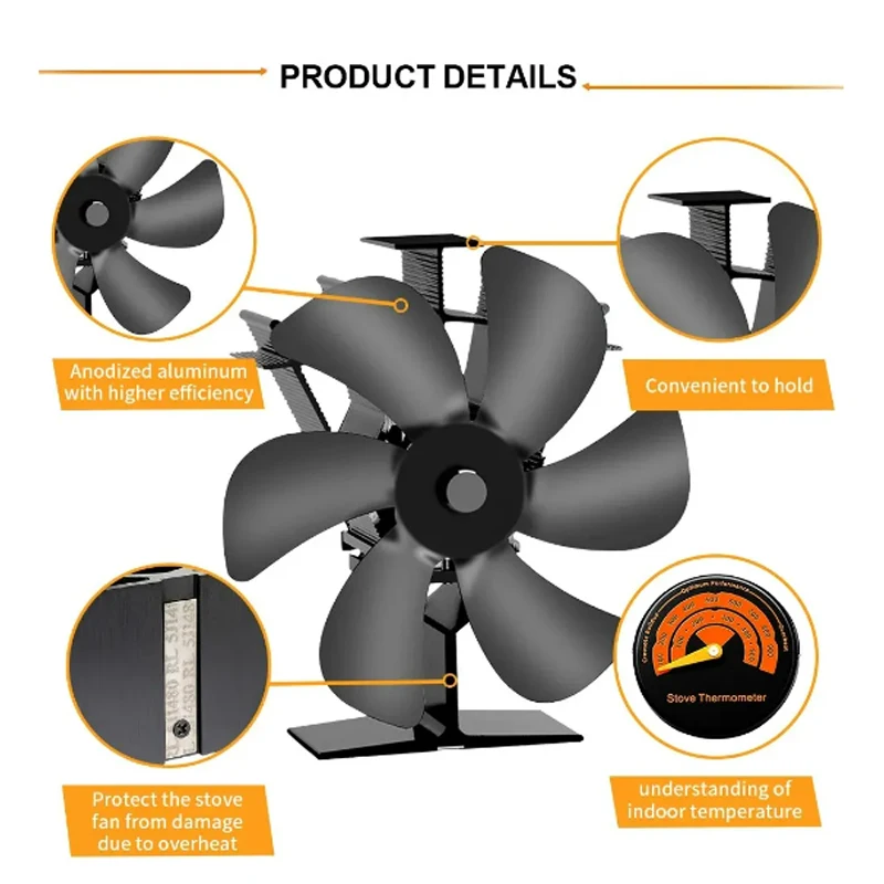 6 Blades Stove Fan Heat Powered Fireplace Fan Log Wood Burner Eco-fan Quiet Fireplace Fan Home Winter Warm Heat Distribution