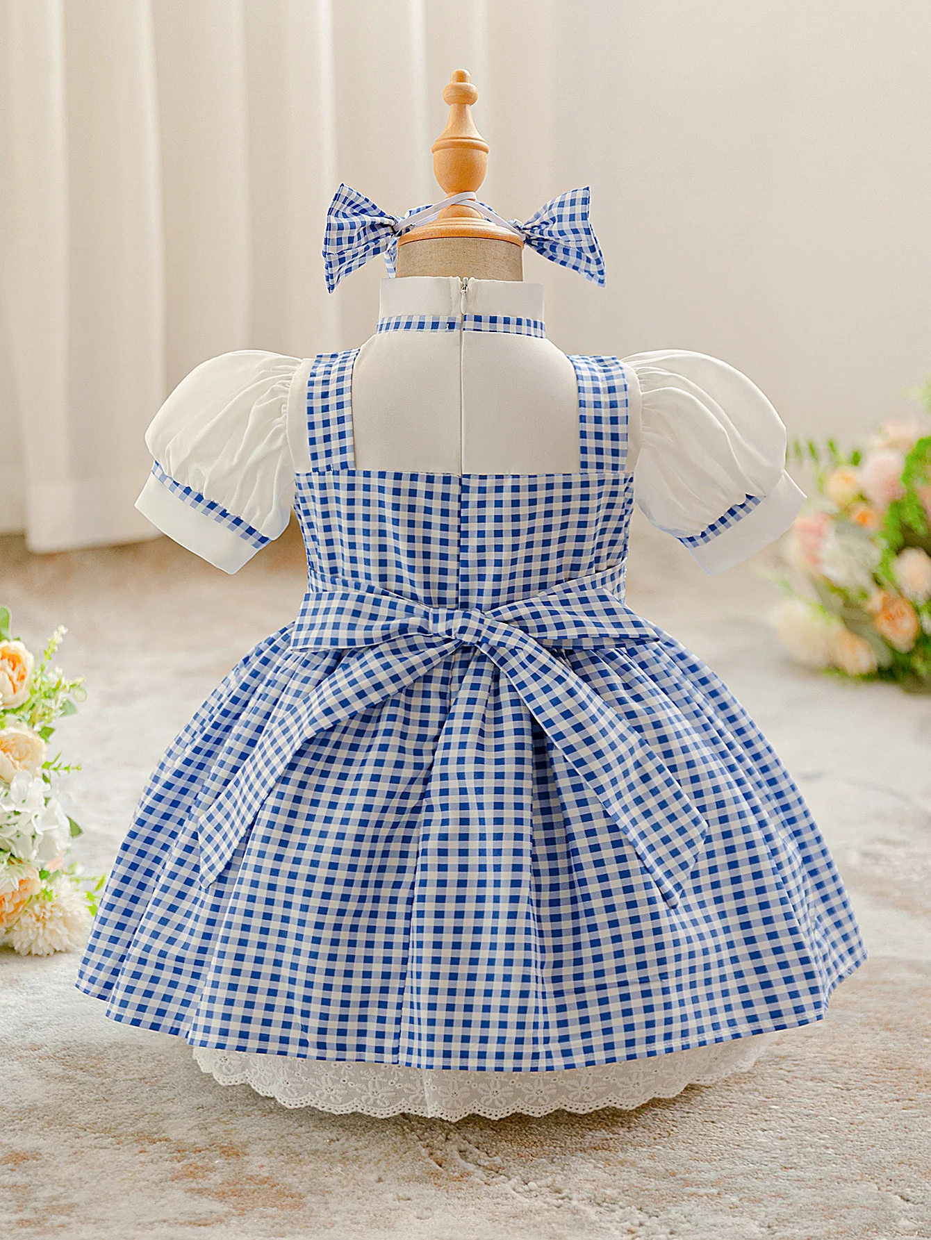 Mädchen Ballkleid mit Schleife und Puffärmeln, Blaues Karomuster, Prinzessinnen-Cosplay, Hochzeit, Kindergeburtstag, Klavier-Auftritt Kostüm ﻿ – Detail 3