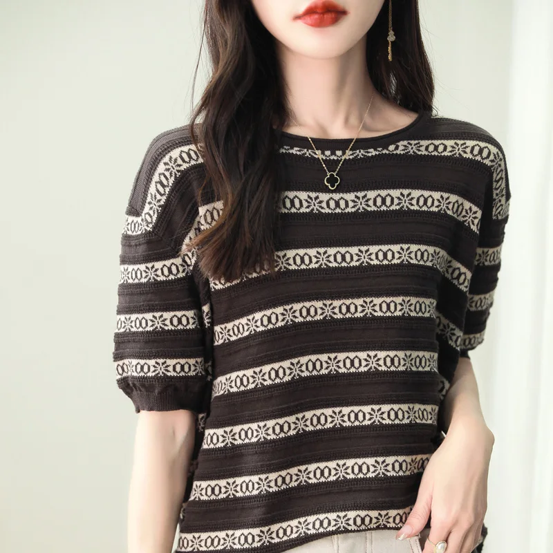 Summer New Short sleeved Women's O-neck Loose 100% Cotton Color Block Pullover T-shirt Knitted Bottom Casual Comfortable Sweater