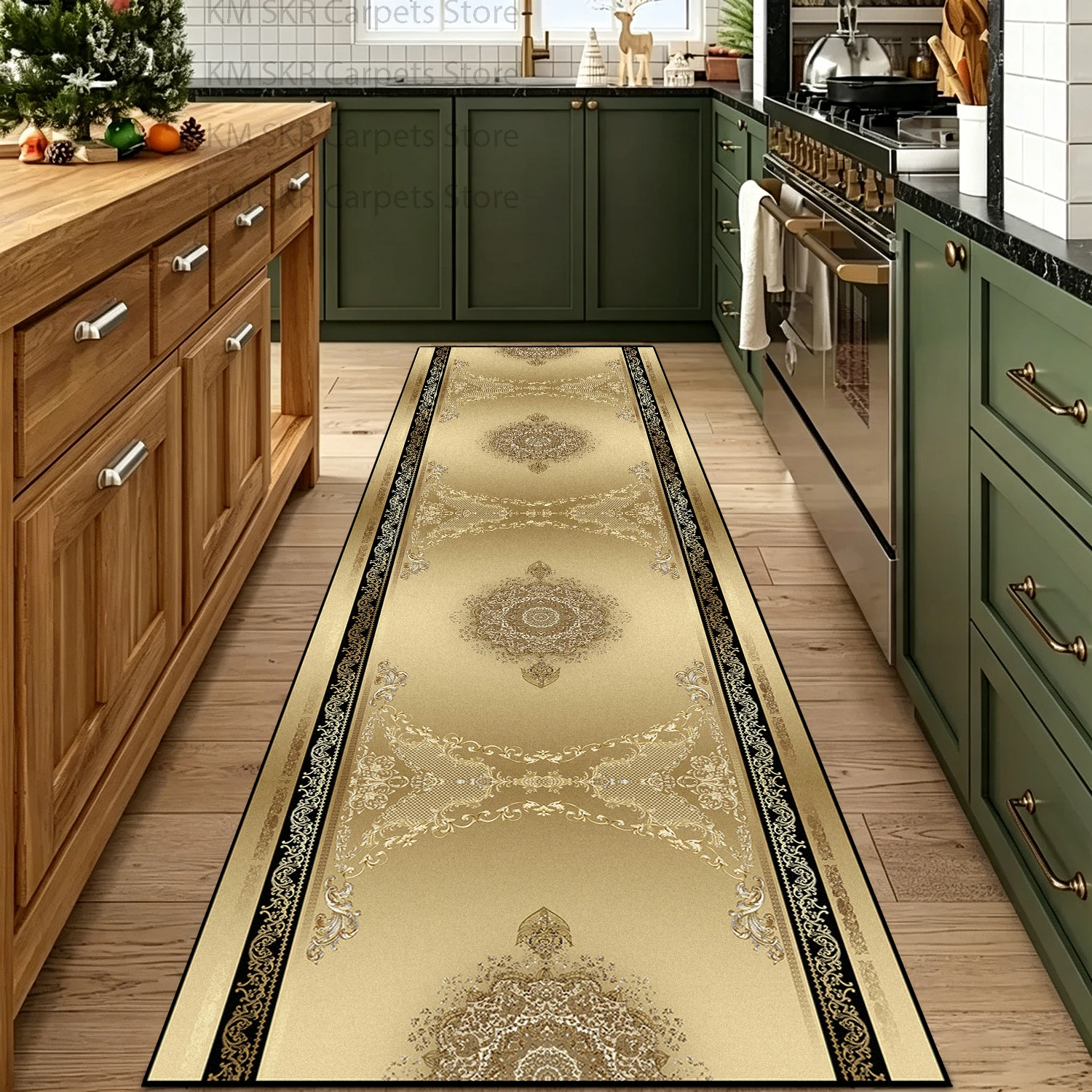 

European Retro Anti Slip Kitchen Runner Rug Washable Luxury Villa Corridor Carpet Decoration Living Room Aisle Mat Customized