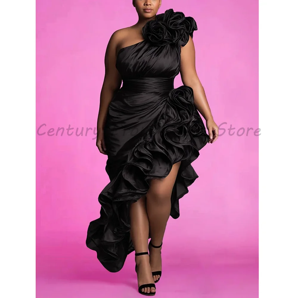 Plus Size Black Formal Party Dress One Shoulder 3D Flower Satin High Low Ruffle Gown for Wedding Guest Red Carpet Gala