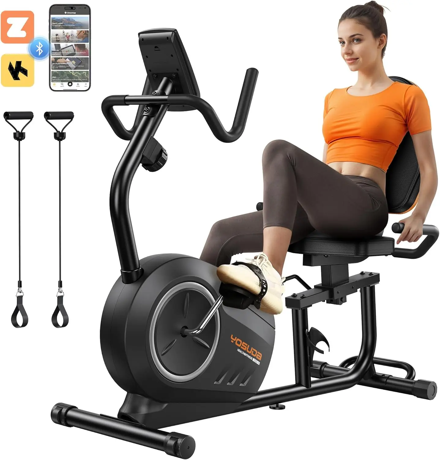 Cyclette reclinata per uso domestico con fasce di resistenza: bici reclinata con APP Smart Workout, sedile comodo, P