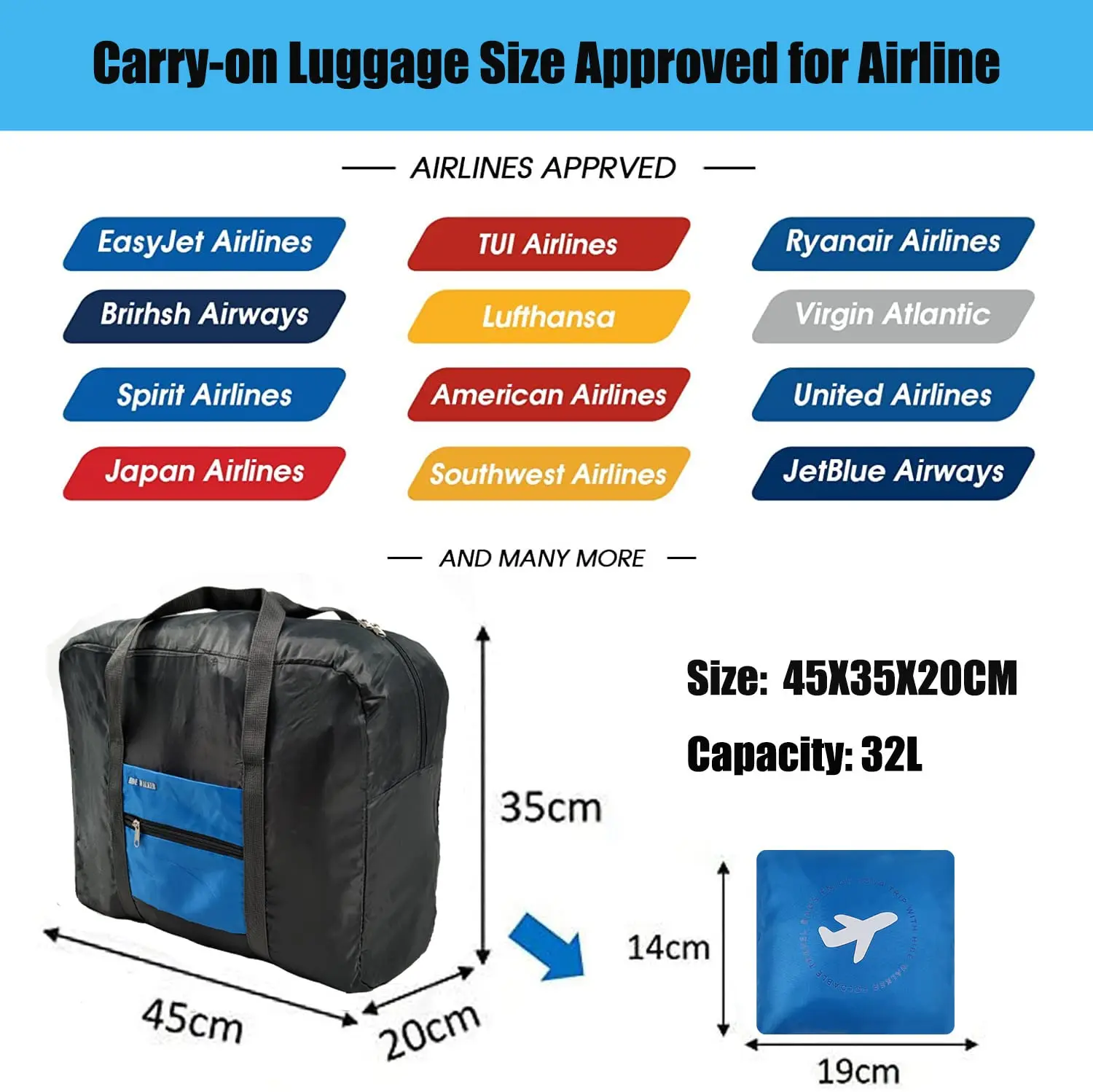 Duffel Bag 32L Airlines Underseat Cabin Bag 45x35x20 Foldable Hospital Bag Overnight Holdall Women and Men Travel Handbag Storag