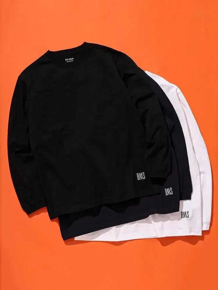 Beams Men Long Sleeve Top Japanese Loose Embroidered Crewneck Solid Basic Bottoming Casual Long Sleeve T-Shirt Men Cotton Shirts