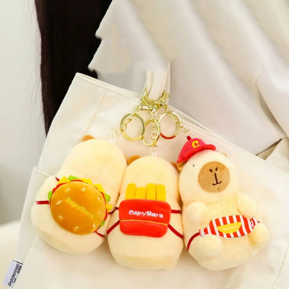 Personality Plush Capybara Key Chain Kawaii Soft French Fries Hamburger Kapibara Keyring School Bag Pendant for Girls