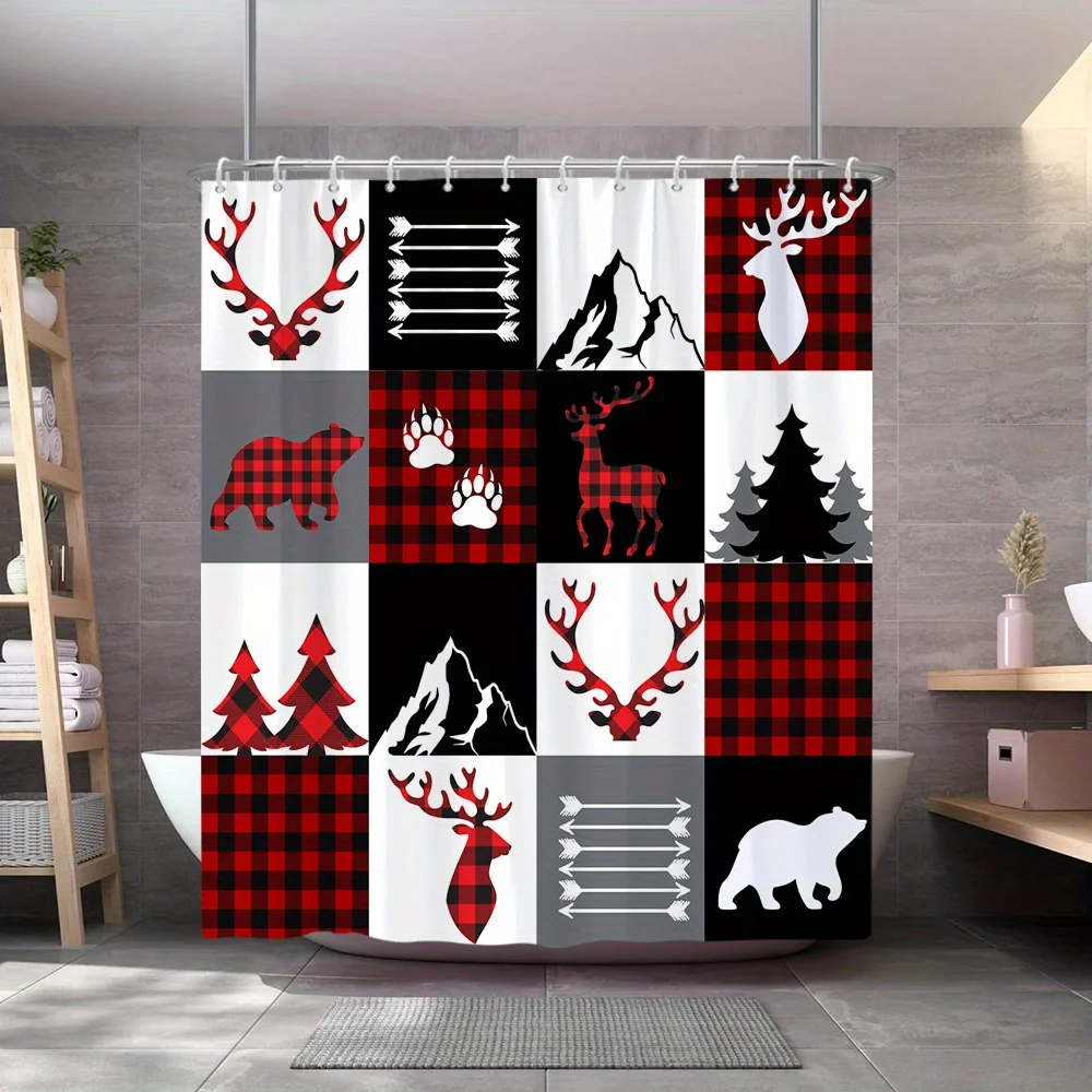 1pc Rustic Plaid Winter Motif Shower Curtain Featuring Reindeer, Bear, Pine Trees, Mountains, and Festive Red Black Check Patter