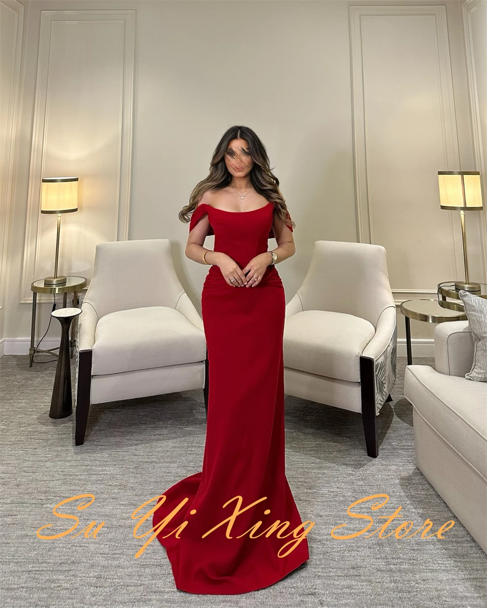 Customized  Graceful Ribbons Off the Shoulder Evening Dress Delicate Sheath Party Dress Classic Zipper Back Celebrity G