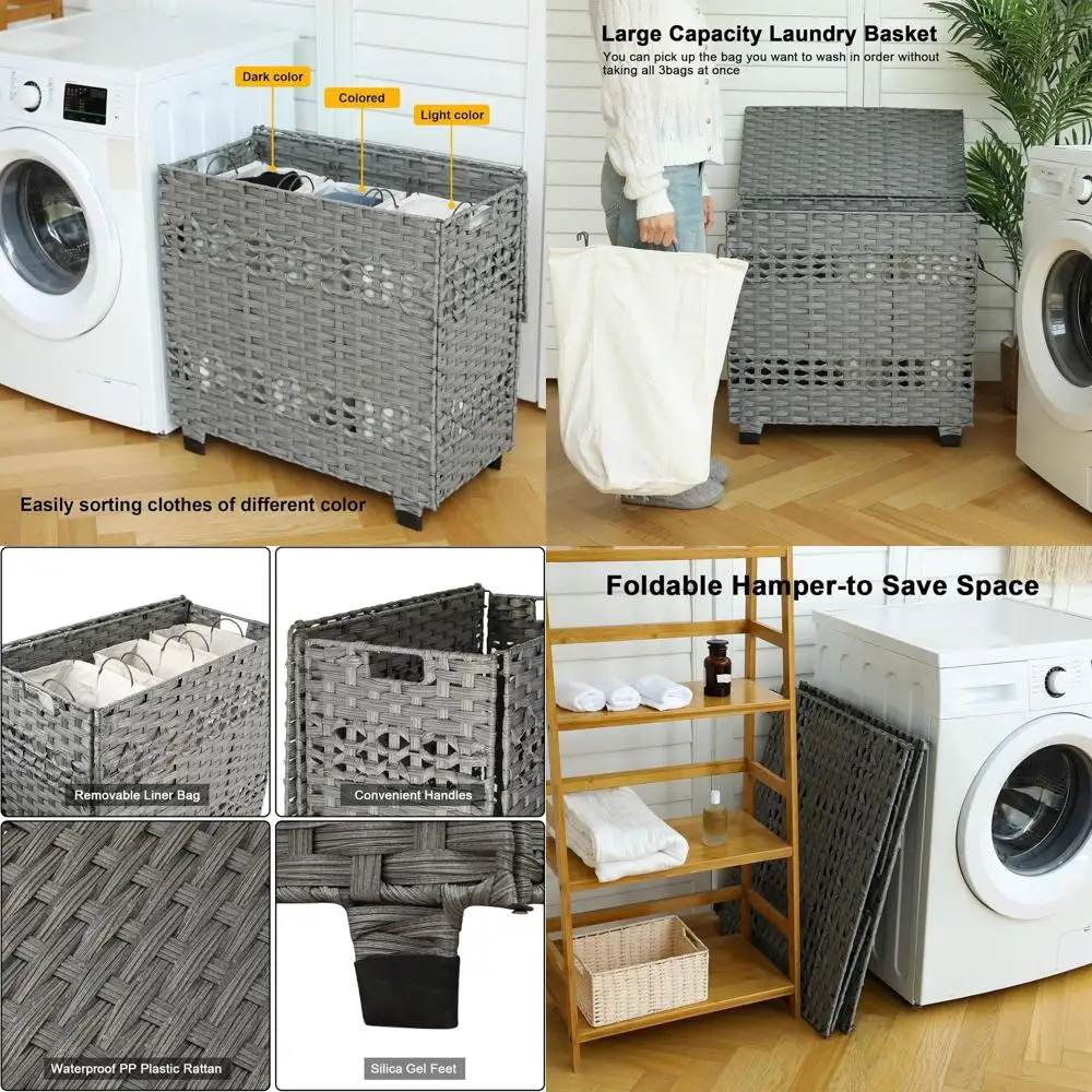 

Складная корзина для белья объемом 140 л с крышкой и 3 съемными сумками-вкладышами, серая плетеная корзина из синтетического материала для спальни, 27x13x26 дюймов.